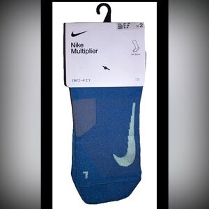 Nike Multiplier No Show Socks 2 Pair Men 6-8 Wmn 6-10 Blue w Green Logo NEW! $22